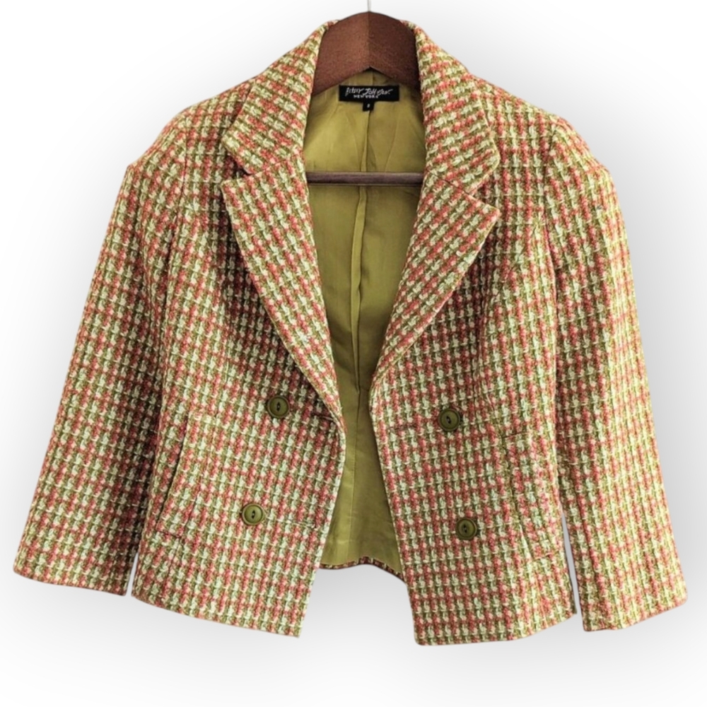 Betsy Johnson Size 2 Tweed Crop Wool Jacket Olive Green & Pink Vintage - Picture 2 of 7